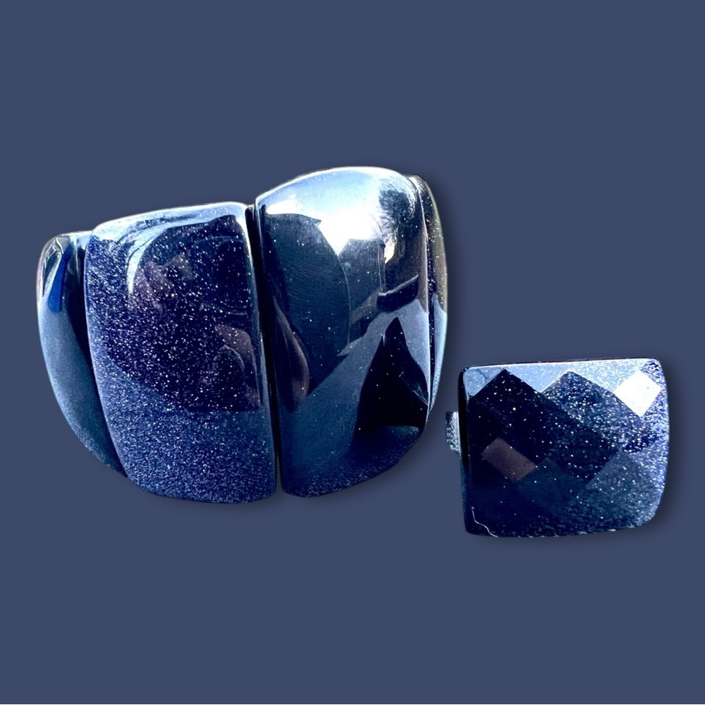 Lola Rose Blue Sandstone Stretch Bracelet & Sterling Ring Sz 10 Geometric